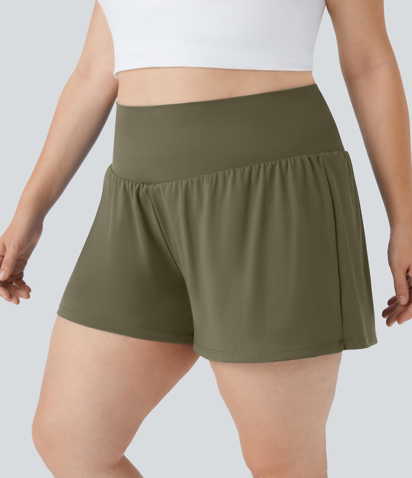 Short Yoga 10cm Plus Longue Taille Ultra Haute 2 en 1 Poche Arrière Poche Cachée Latérale Grande Taille