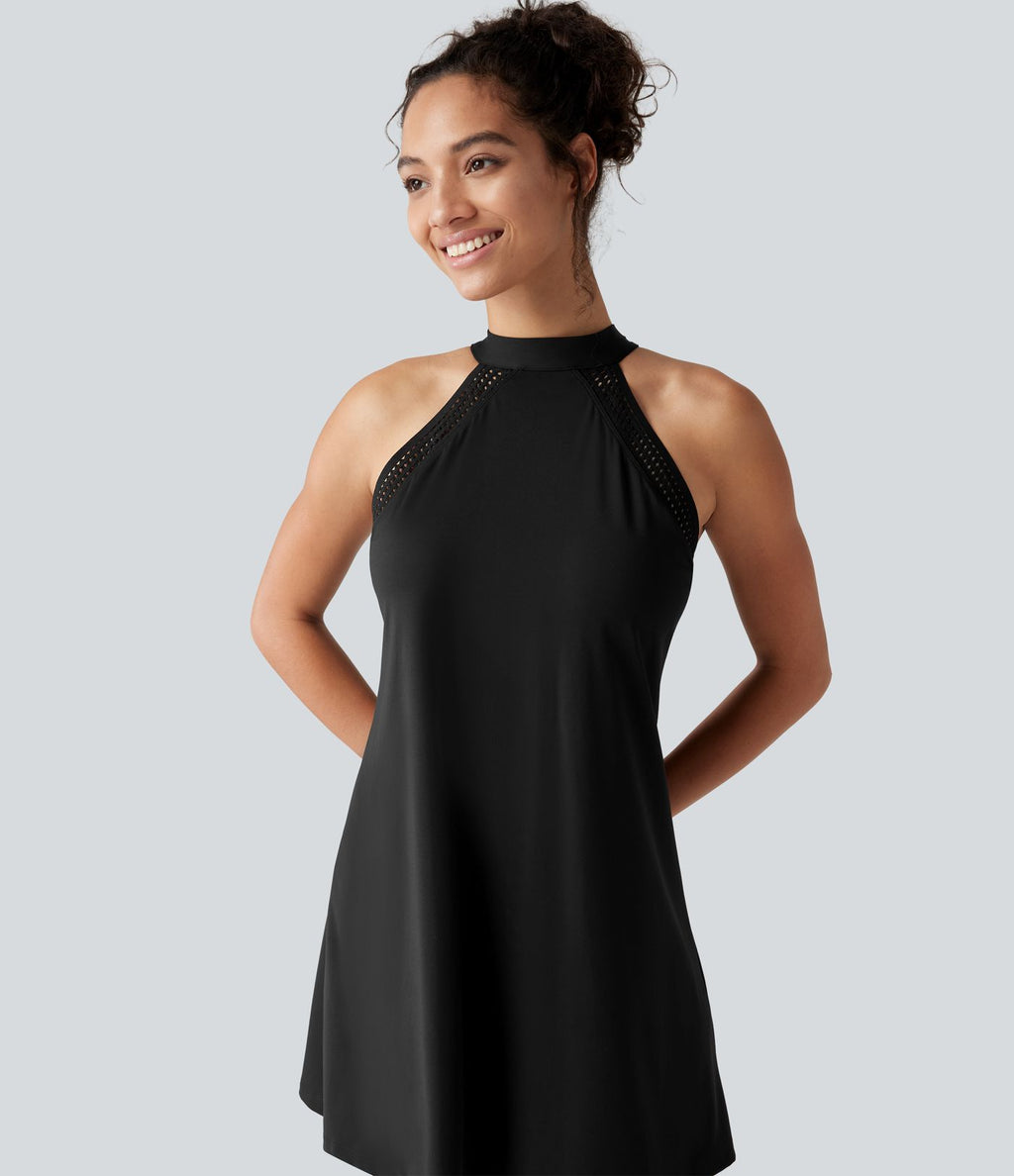 Robe-short mini SoftlyZero™ Airy effet frais InstantCool pour le yoga longueur allongée avec dos noué, coussinets amovibles, poche et protection solaire UPF50+
