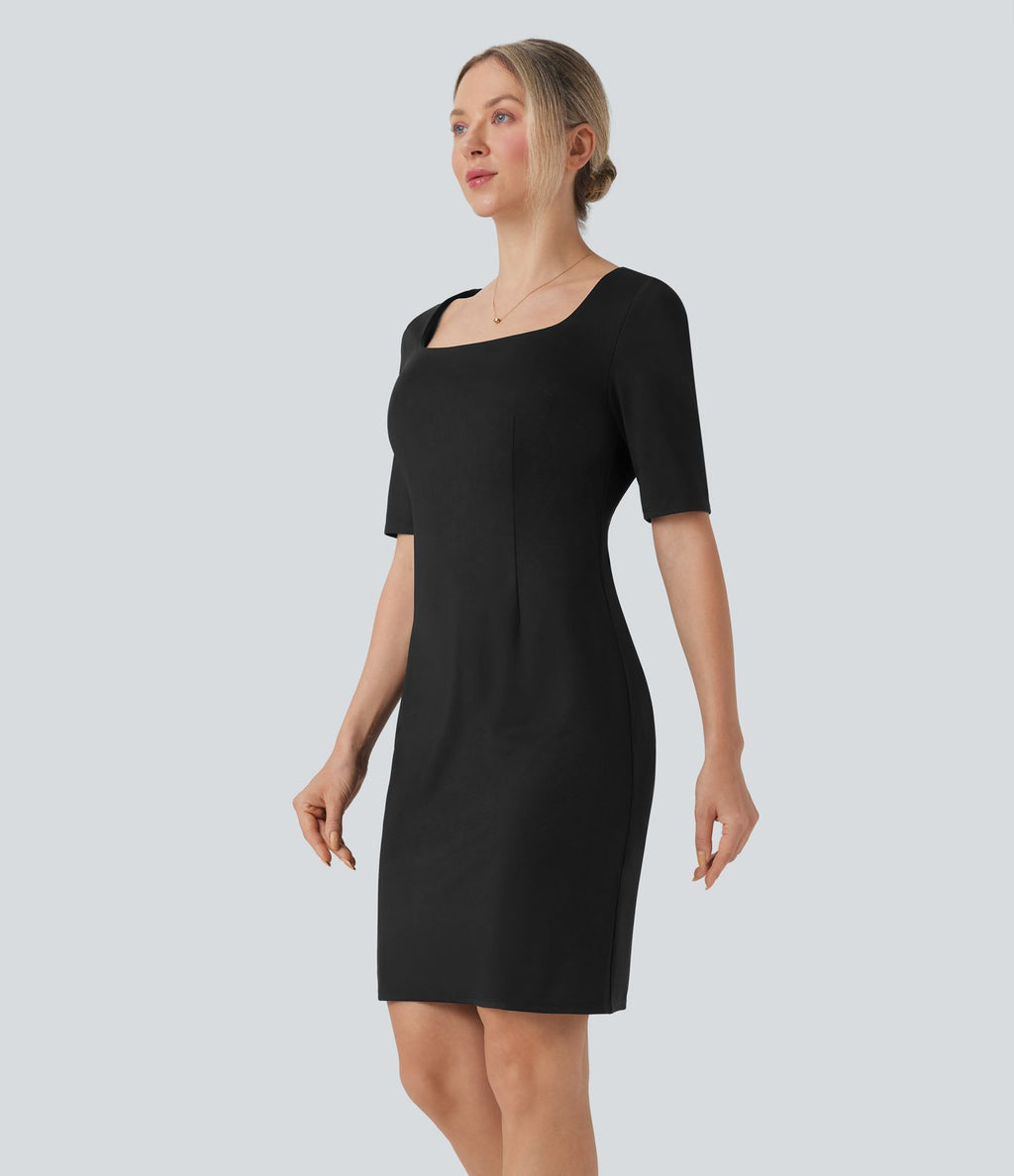 Robe crayon de travail ajustée décolleté carré à demi-manches