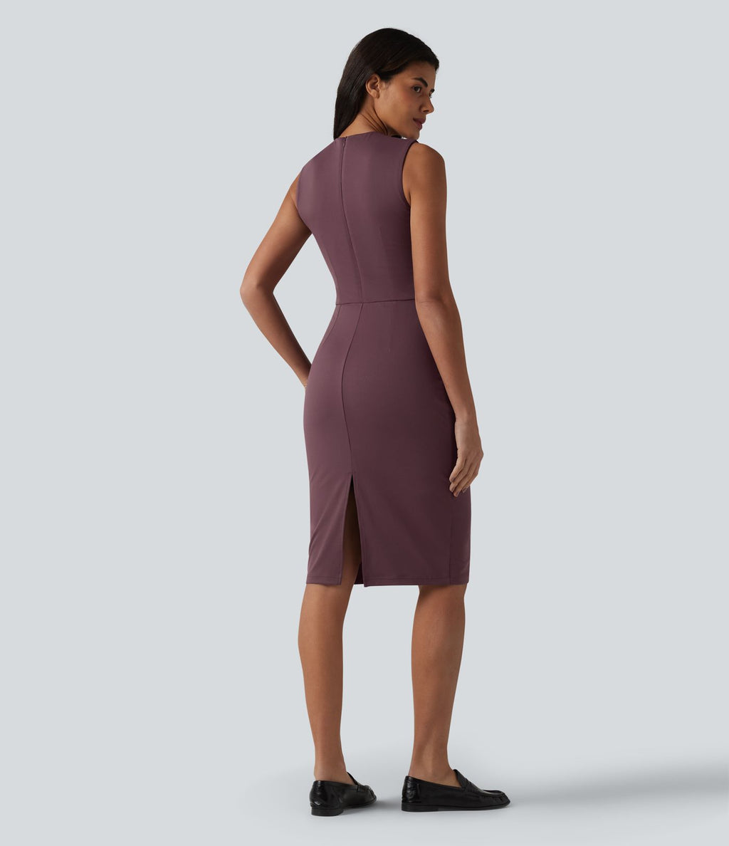 Robe midi tailleur sans manches col V ventre plat avec gainant intégré