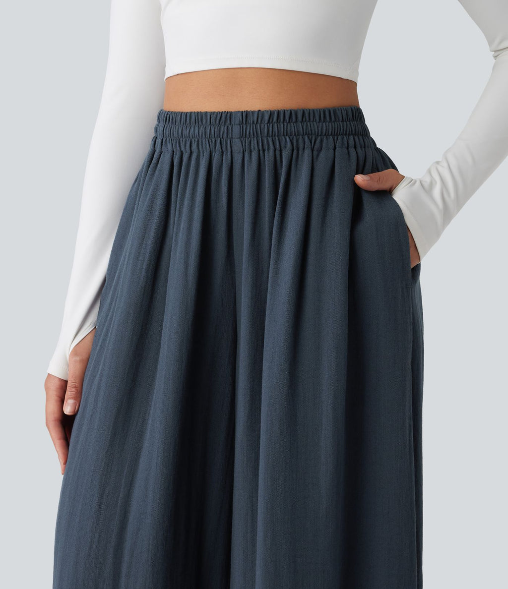 Pantalon large fluide décontracté taille haute avec cordon de serrage intérieur avec poches