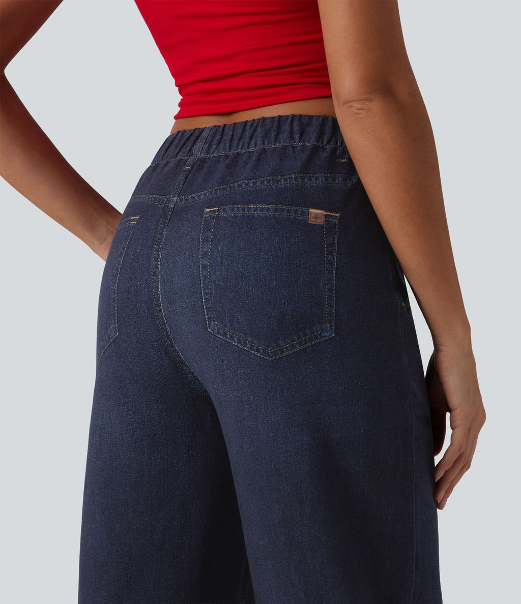 Jogging jean décontracté en molleton French Terry imprimé denim taille mi-haute avec poches