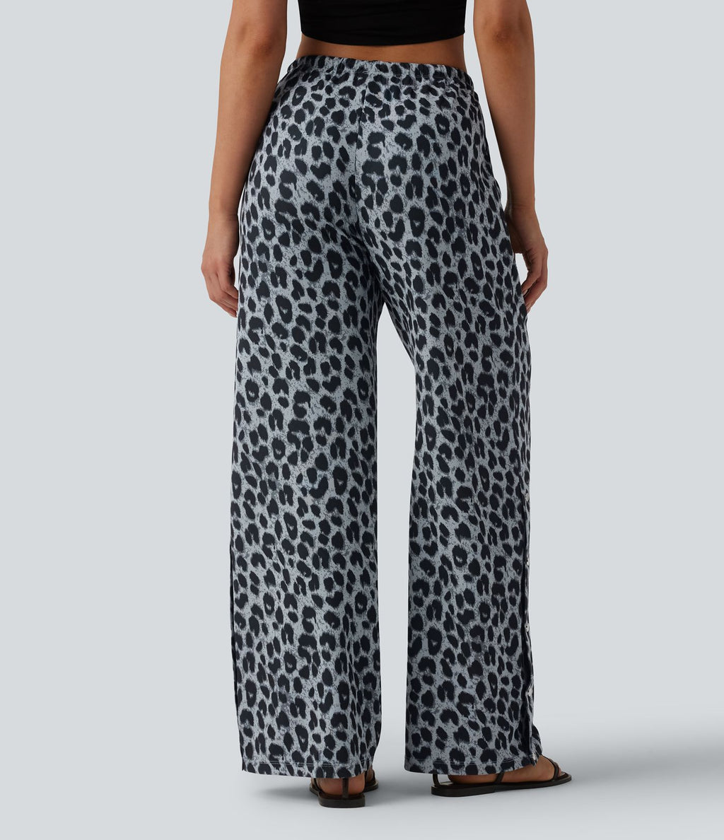 Pantalon large casual en maille gaufrée imprimé léopard taille mi-haute avec cordon de serrage et poches