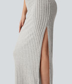 Robe longue moulante décontractée maille côtelée col carré sans manches dos torsadé avec fente