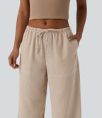 Pantalon large casual taille basse aspect lin rayures avec cordon de serrage et poches
