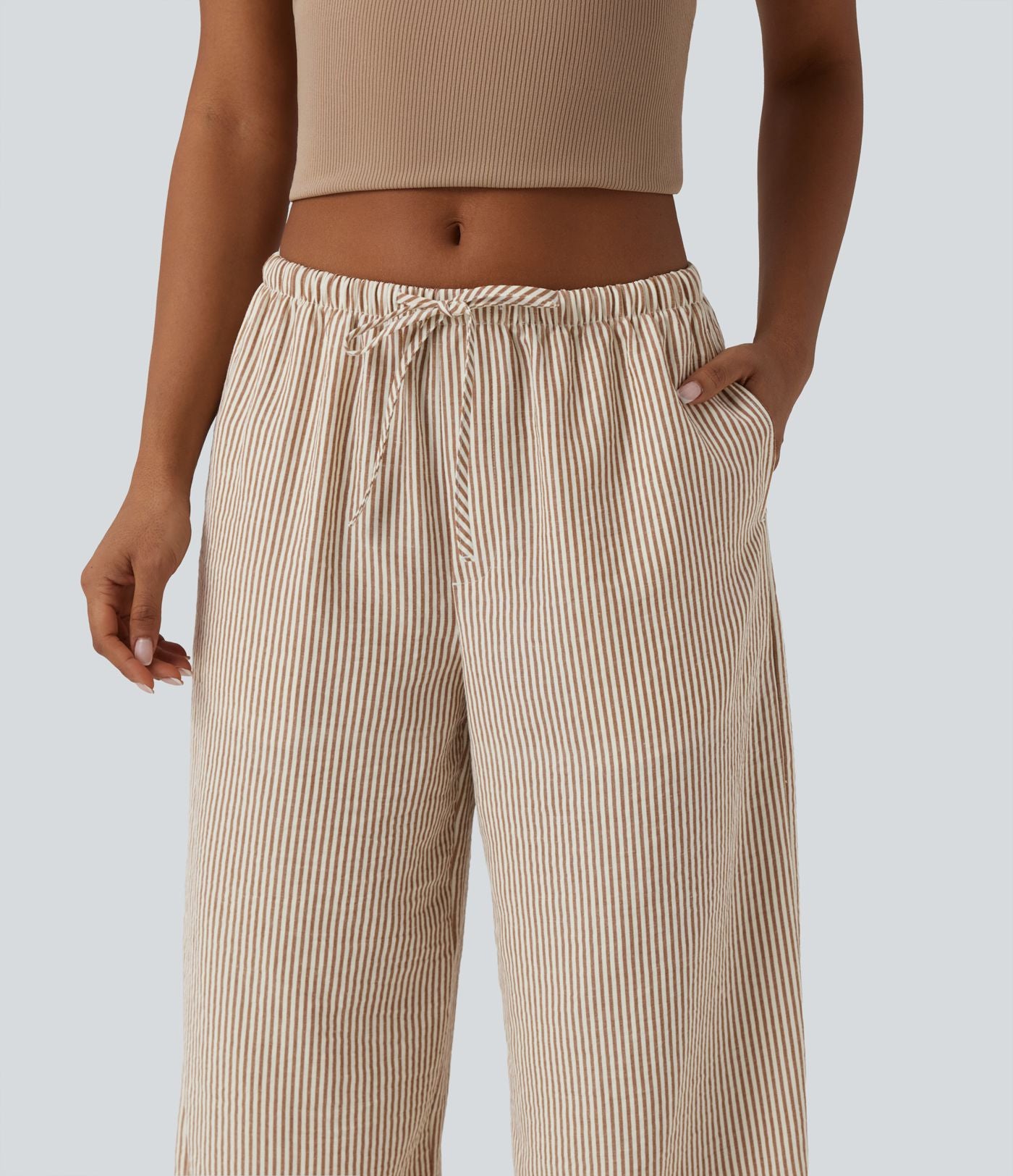 Pantalon large casual taille basse aspect lin rayures avec cordon de serrage et poches