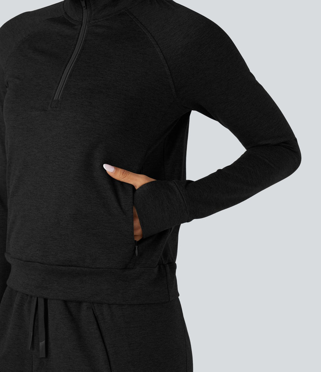 Sweat-shirt polaire thermique chiné séchage rapide demi-zip avec trous pouces et poches - UPF40+