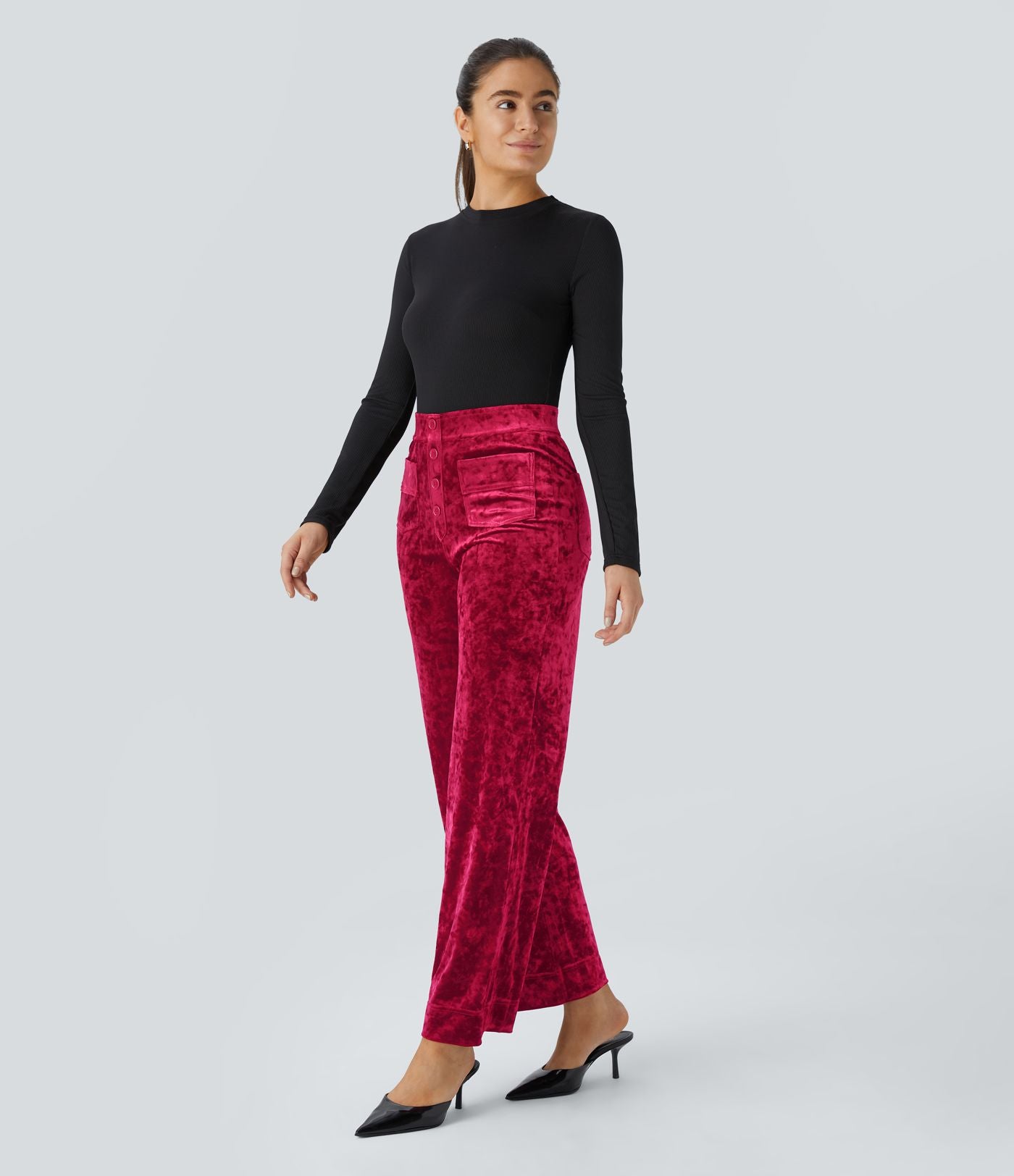 Pantalon Casual en Velours Taille Haute avec Bouton Multipoches Droites