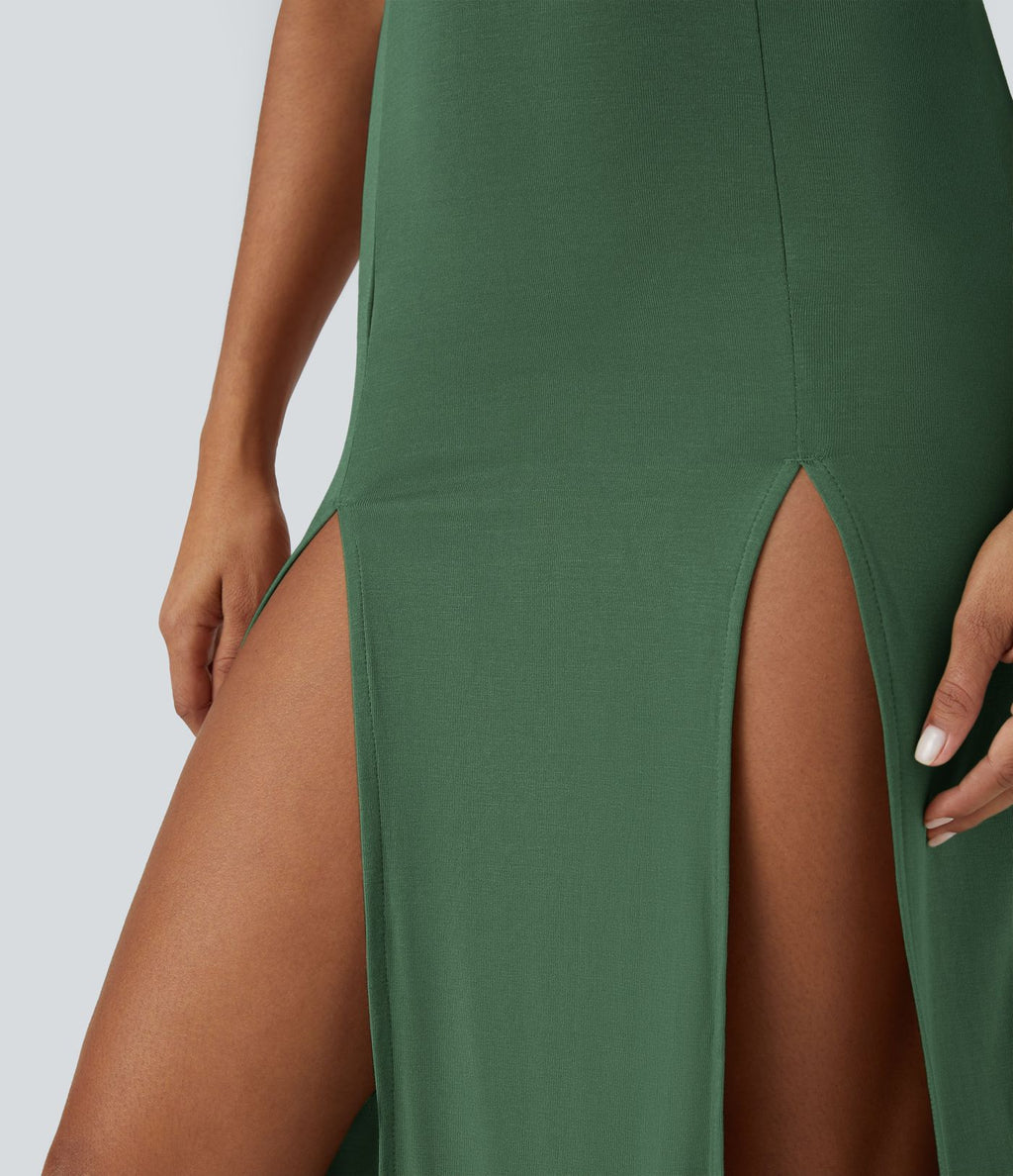 Robe Casual Midi 2 Pièces Capuche Col Montant Sans Manches Fendue avec Découpe Dos Nœud Côtelée
