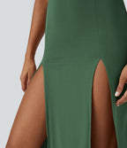Robe Casual Midi 2 Pièces Capuche Col Montant Sans Manches Fendue avec Découpe Dos Nœud Côtelée
