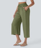 Pantalon décontracté aspect lin 7/8 à taille haute, jambe large avec cordon de serrage et poches latérales
