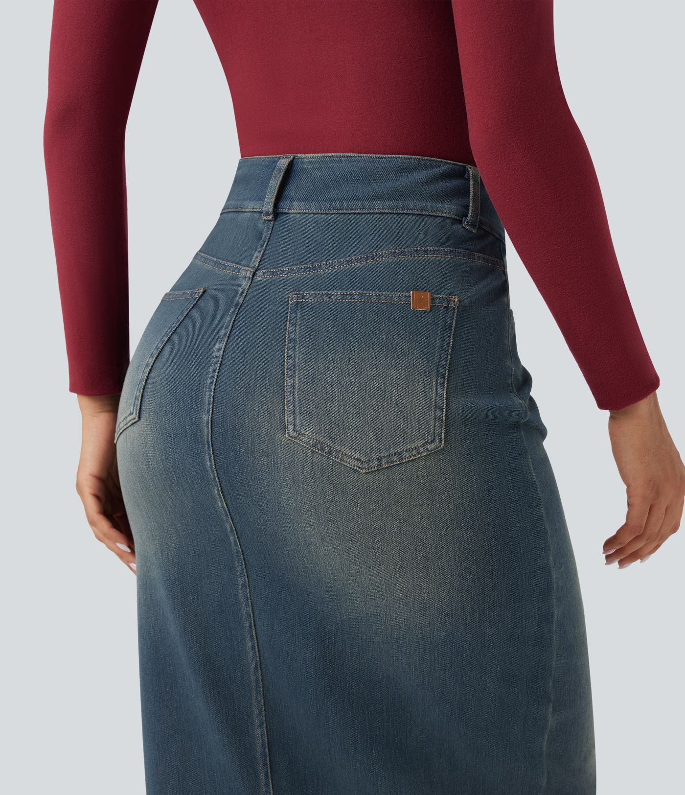 Halara Flex™ Jupe en Jean Casual Mi-Longue Délavé Extensible Plusieurs Poches Taille Haute