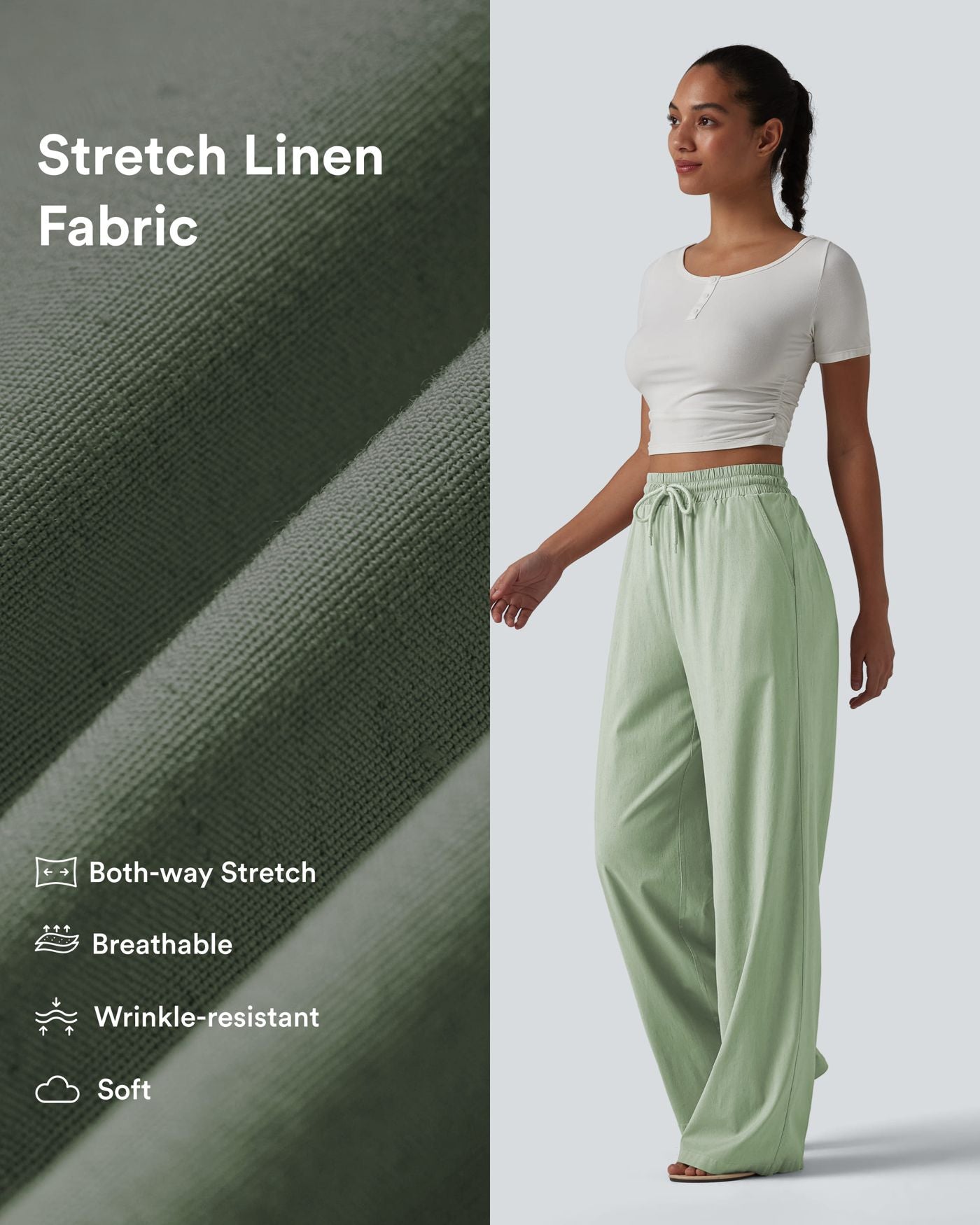 Pantalon large fluide en lin stretch taille haute avec cordon de serrage et poches