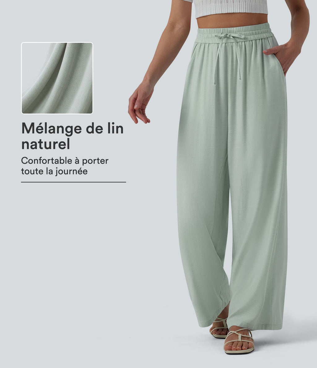 Pantalon casual large fluide mélange lin taille haute avec cordon de serrage et poches