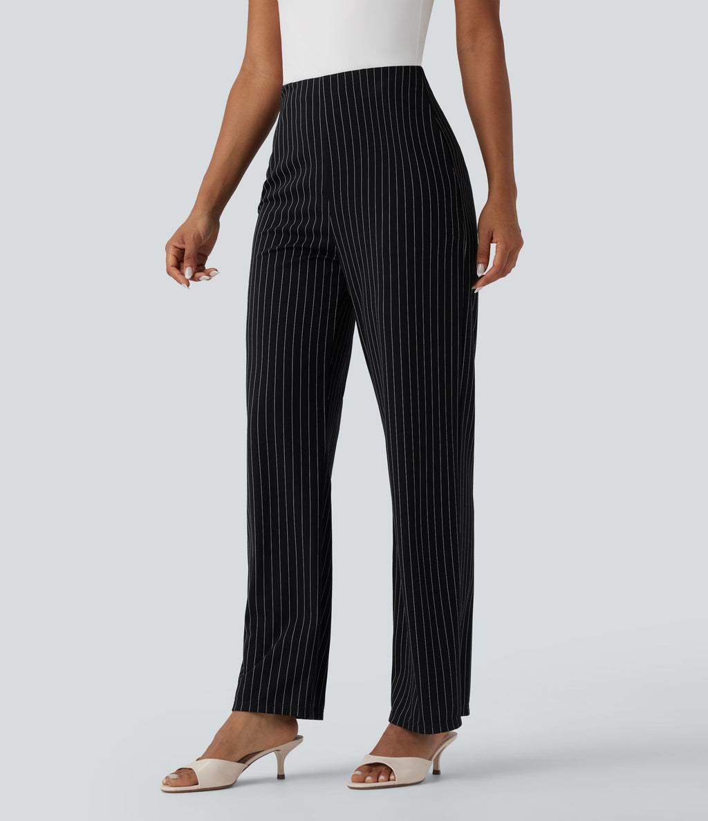 Pantalon tailleur rayé taille haute jambe droite avec poches