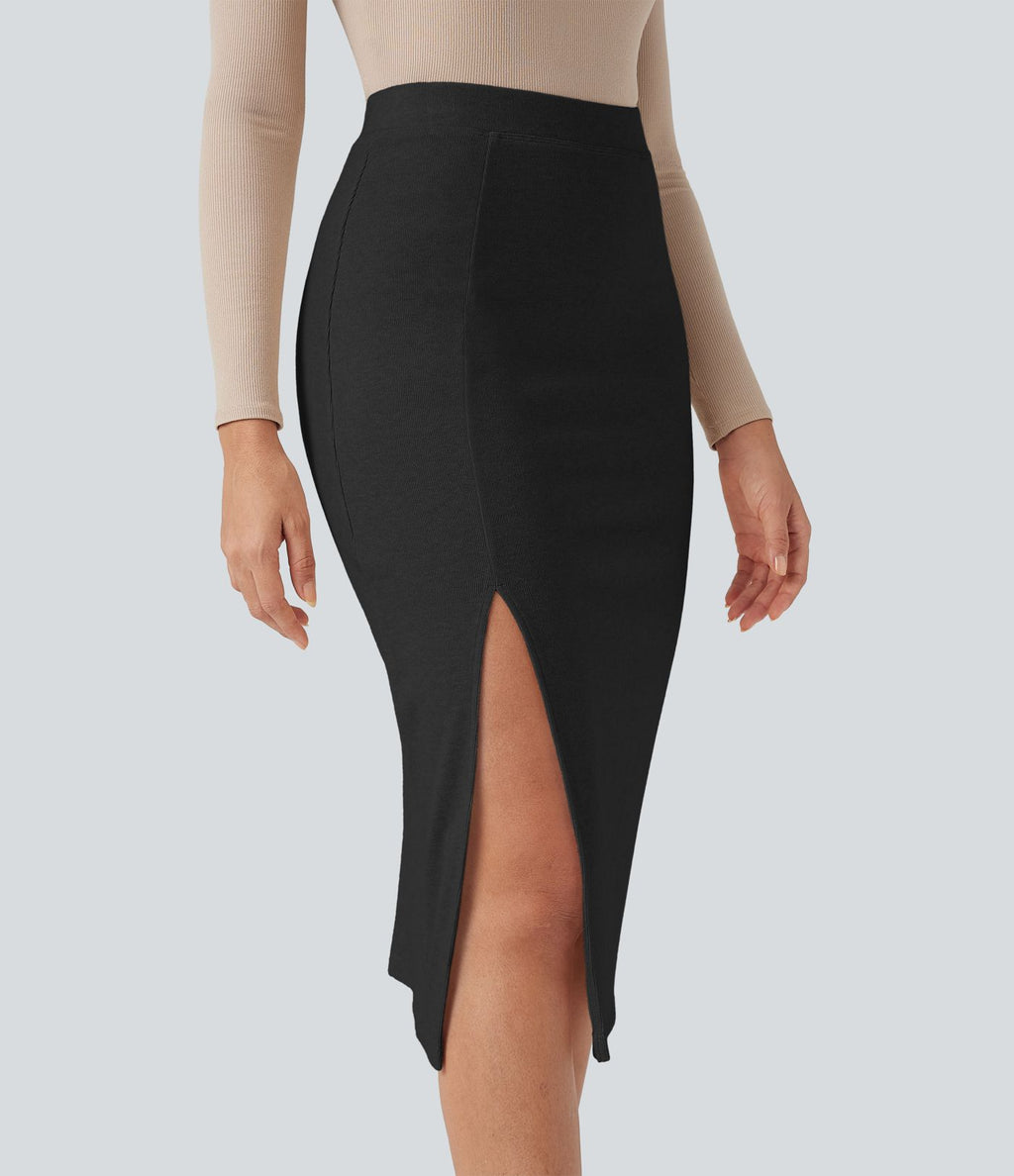 Jupe mi-longue moulante fendue taille haute