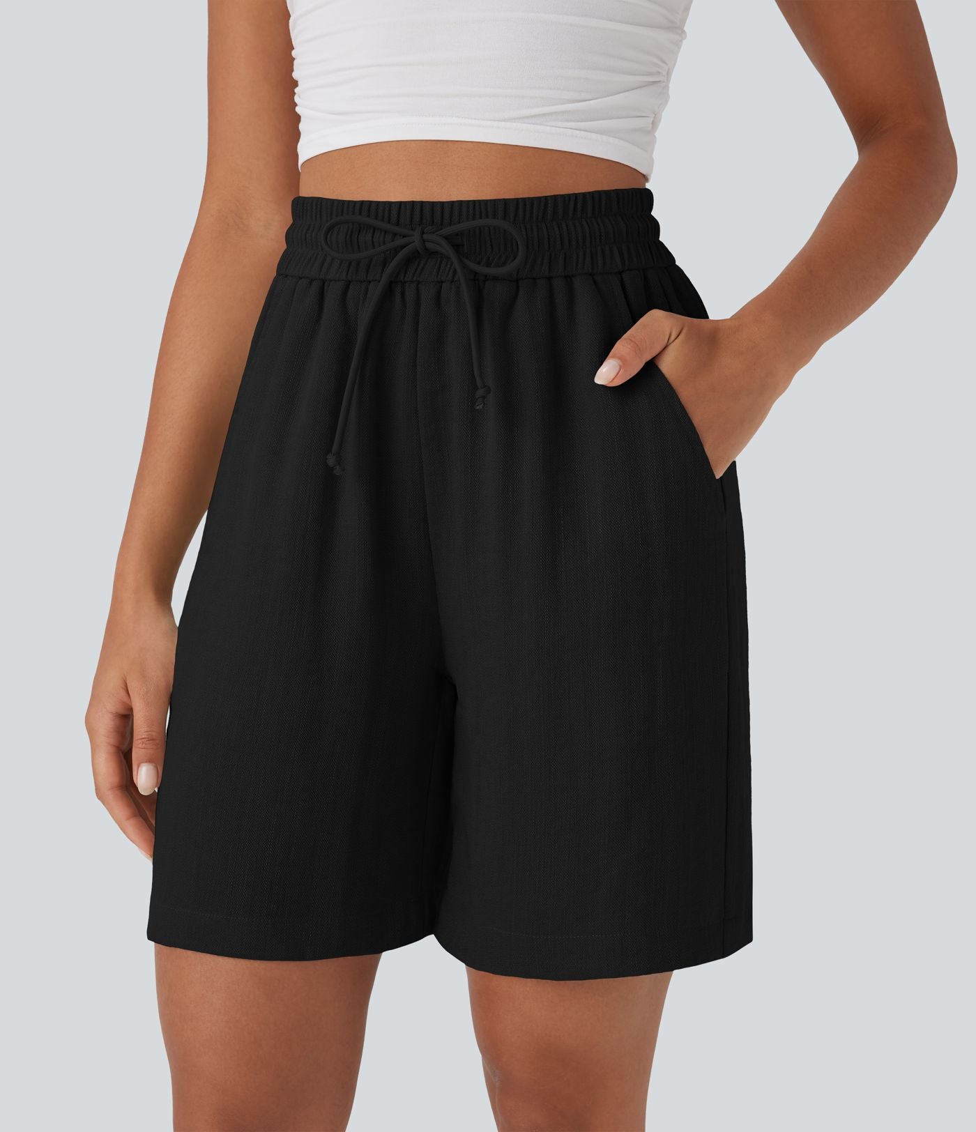 Short décontracté effet lin taille haute avec cordon de serrage et poches latérales