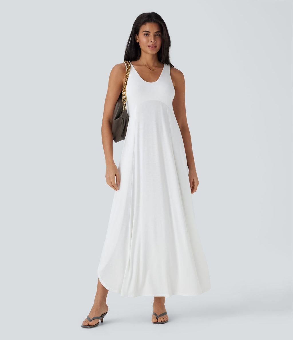 Robe longue à bretelles avec col U, dos nu, fente et coupe fluide