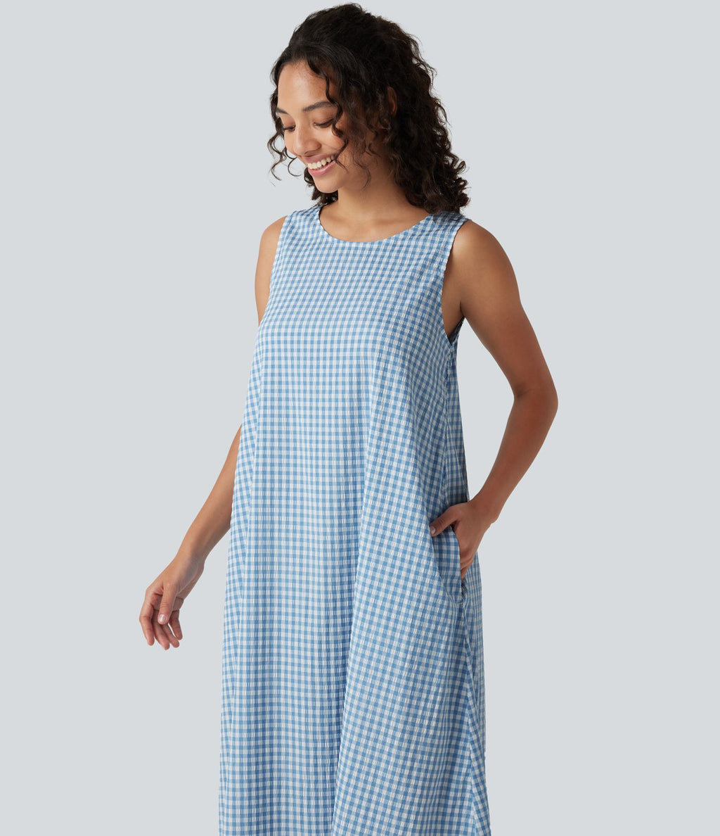 Robe débardeur midi décontractée en vichy froissé, col rond, sans manches, à poches