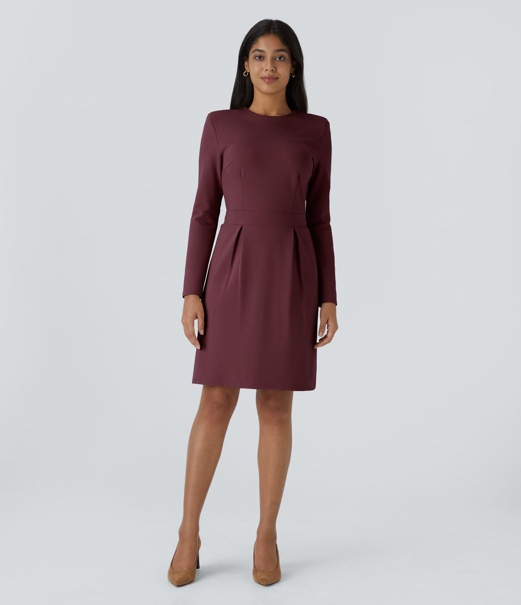 Robe de travail mini ajustée col rond à épaulettes à manches longues et ourlet