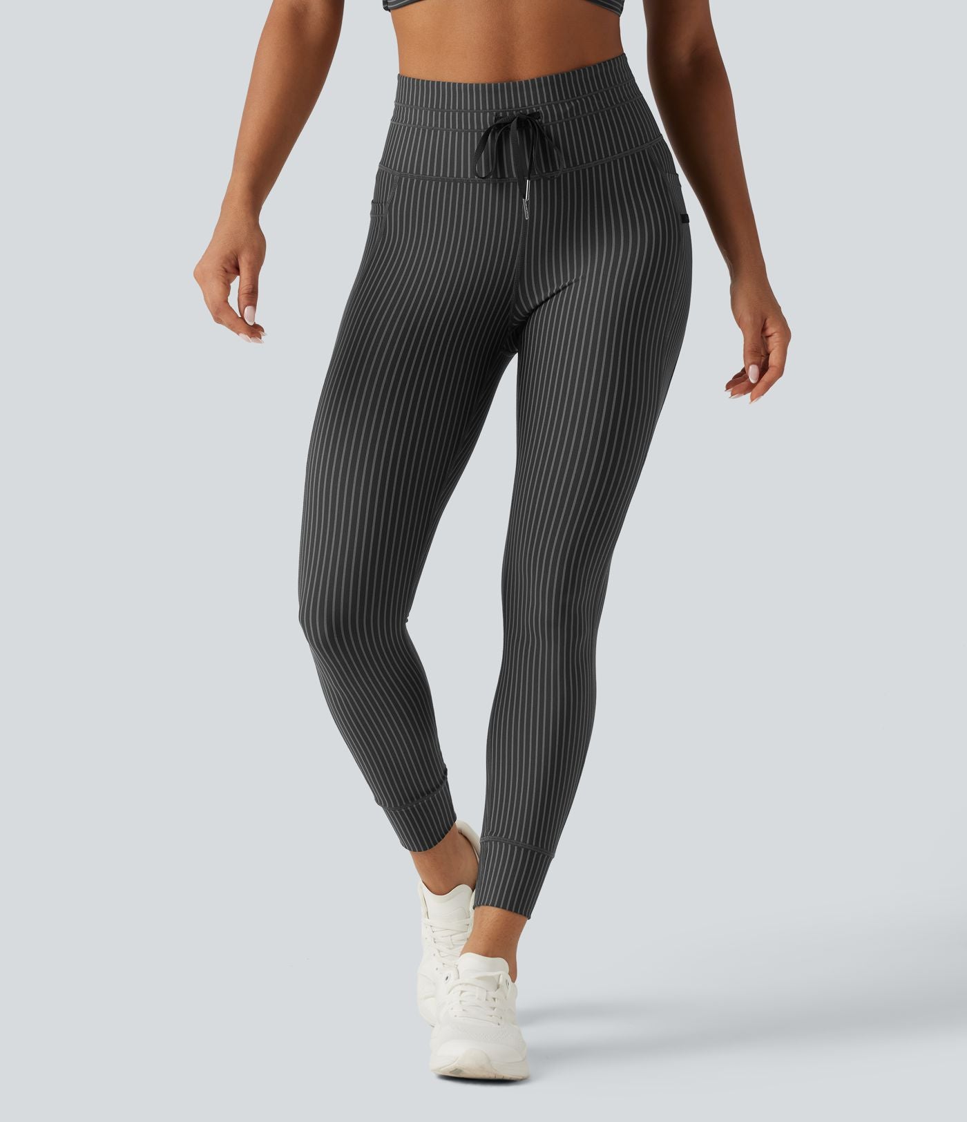 Legging de yoga rayé taille haute avec cordon de serrage et poches