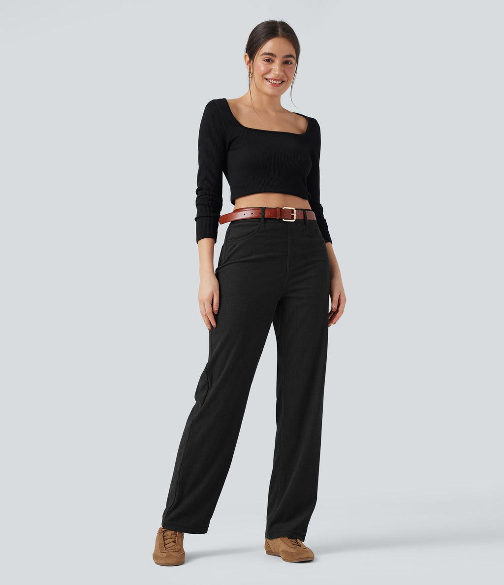 Pantalon décontracté droit en velours côtelé, taille haute, gainant, avec poches