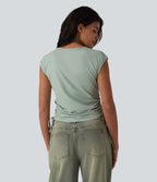 T-shirt casual col rond à manches courtes couvrantes avec cordon de serrage