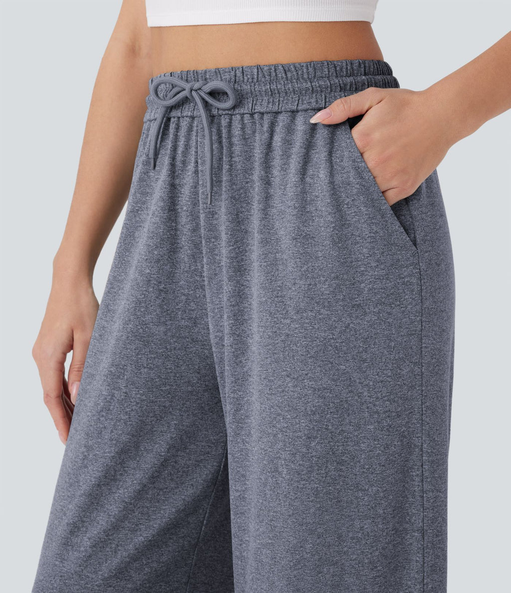 Pantalon large décontracté taille haute avec cordon de serrage et poches latérales