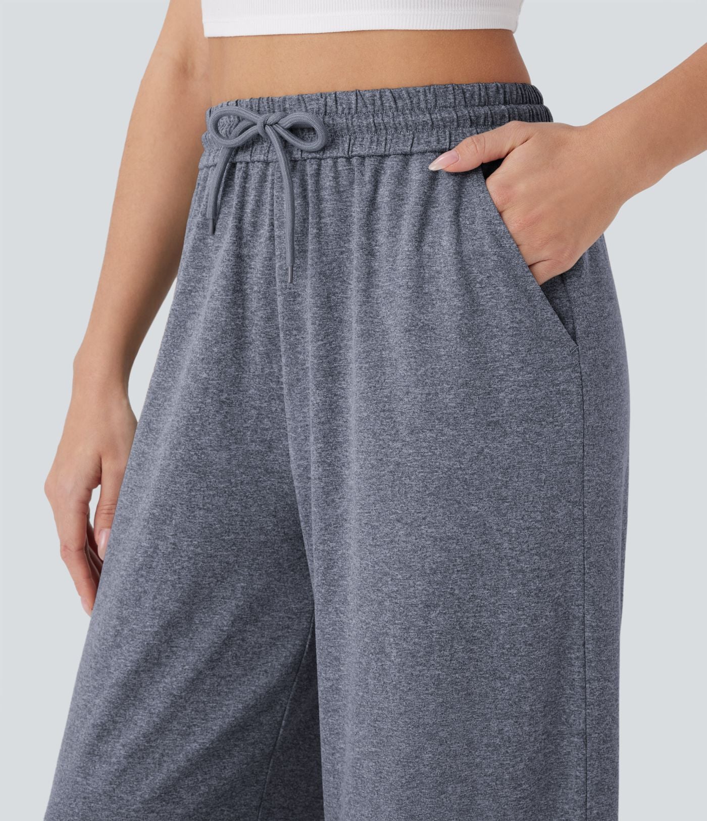 Pantalon large décontracté taille haute avec cordon de serrage et poches latérales