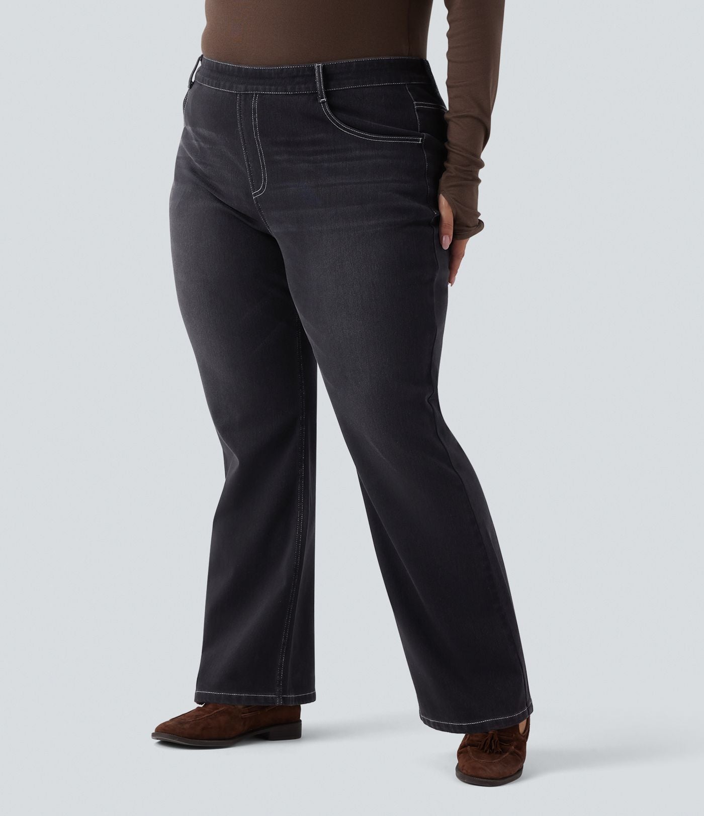 Jean décontracté grande taille évasé taille haute Halara Flex™ effet délavé avec multiples poches