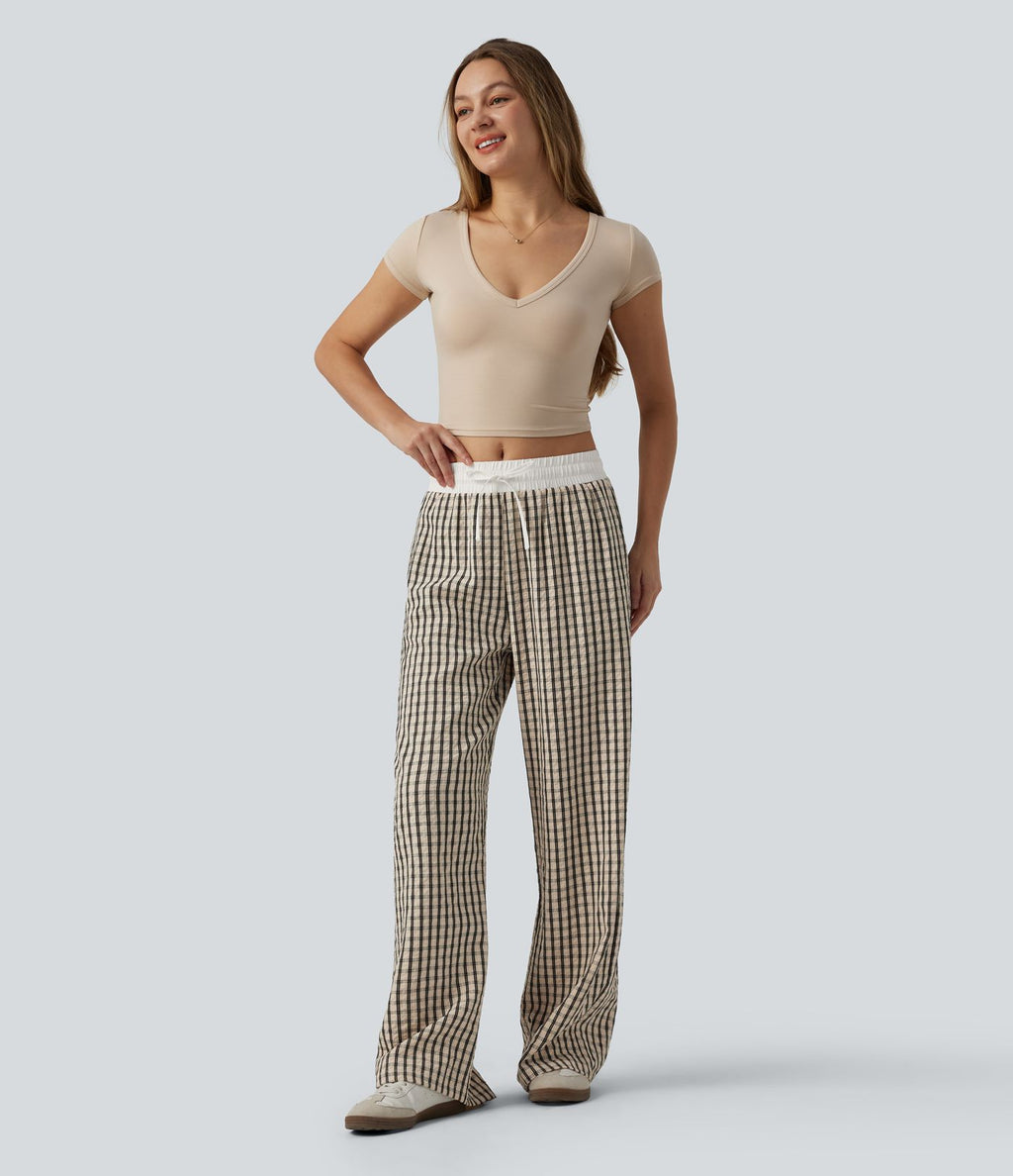 Pantalon large décontracté à carreaux taille mi-haute avec cordon de serrage et poches