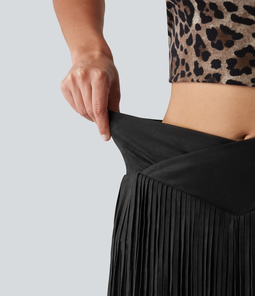 Jupe mini moulante 2-en-1 en daim pour soirée, ourlet à franges croisé, taille haute — version longue