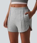 Short casual taille mi-haute à plis piqués, ourlet arrondi et poches, 7,5 cm