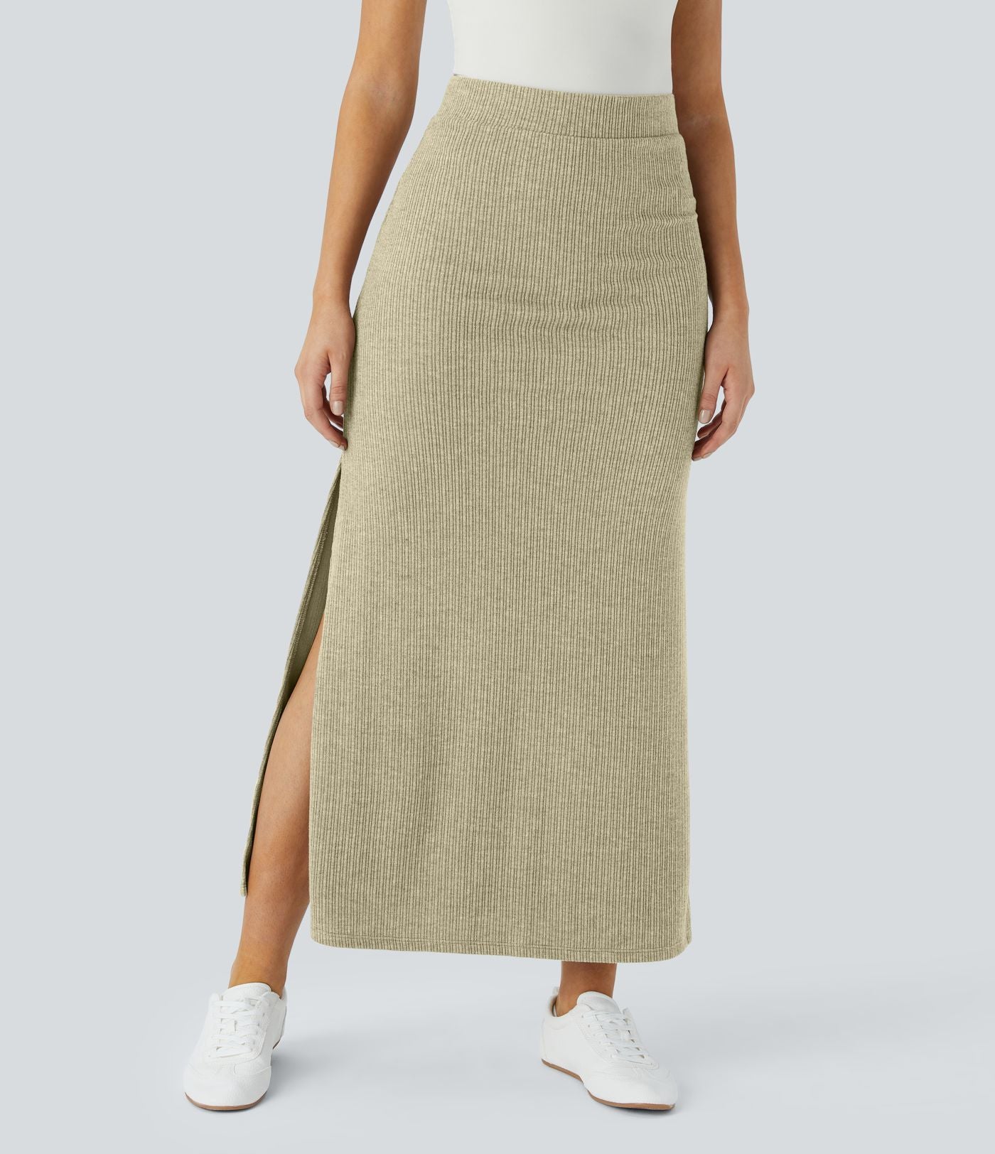 Jupe Casual Maxi à Taille Haute et Ourlet Fendu en A-Line en Côtes
