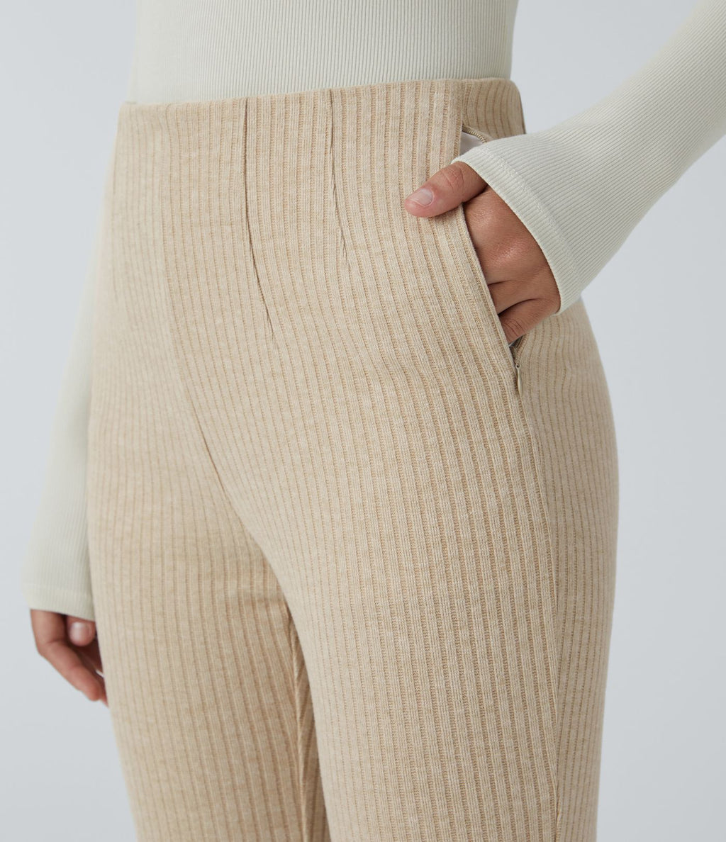 Pantalon décontracté évasé en maille côtelée à taille haute et poches zippées latérales