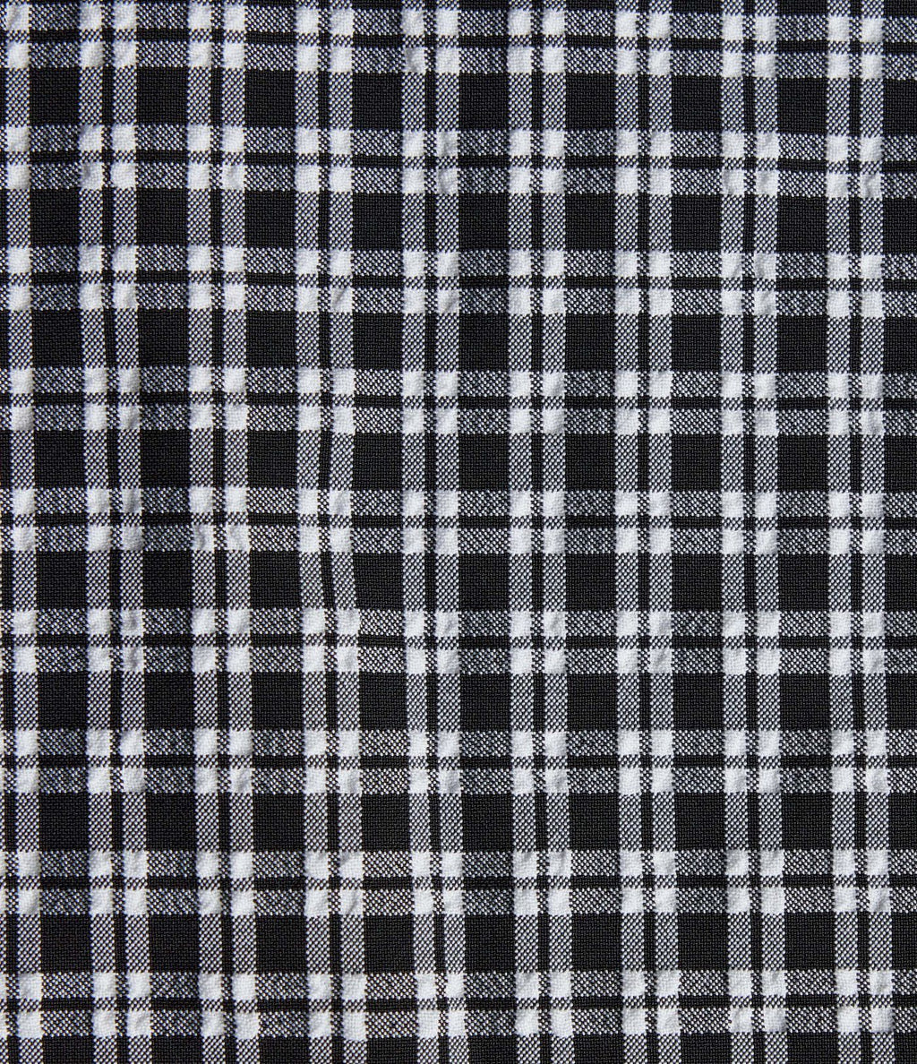 Robe mini trapèze vichy sans manches à col bateau, détails froncés, fermeture invisible et poches