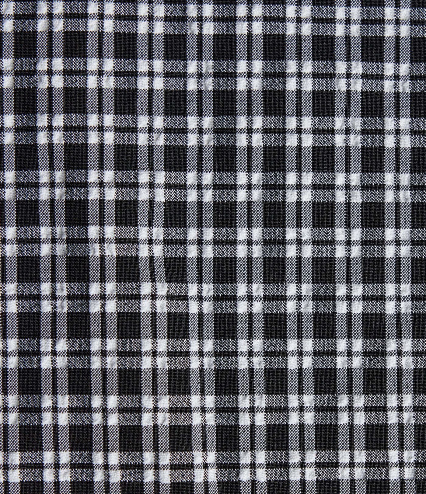 Robe mini trapèze vichy sans manches à col bateau, détails froncés, fermeture invisible et poches