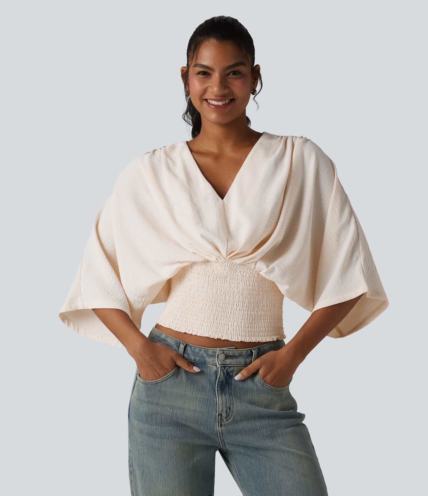 Blouse décontractée effet lin col V, manches chauve-souris et détails froncés