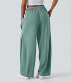 Pantalon Large Fluide Taille Mi-Haute Taille Élastique Cordon Poches Latérales Ourlet Flottant