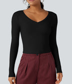 T-shirt tailleur côtelé court col V manches longues