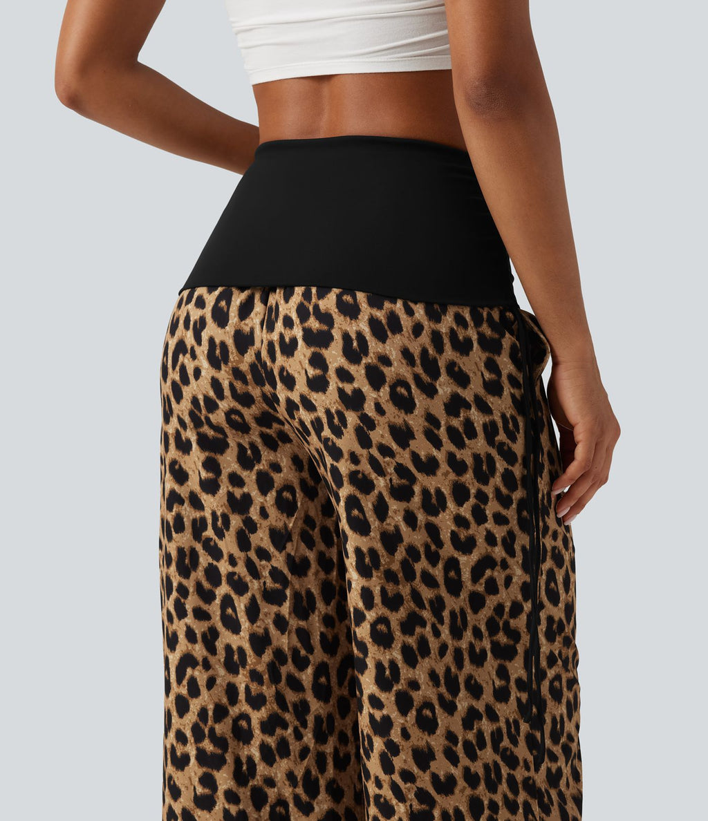 Pantalon baggy casual à imprimé léopard taille haute à revers avec fronces, cordon et poches