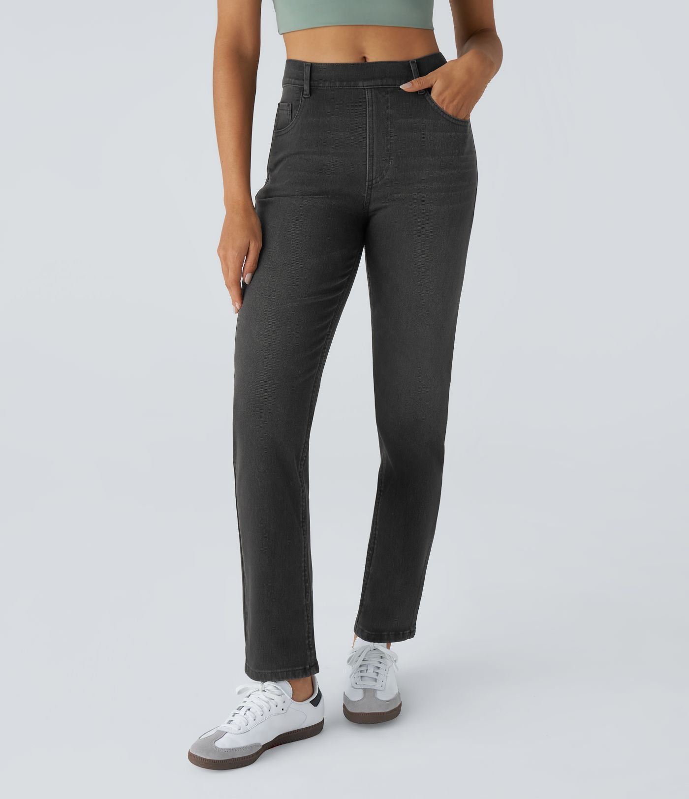 Jean droit Halara Flex™ à taille haute, poches multiples, effet délavé et tissu extensible