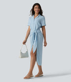 Robe-chemise casual midi en mousseline infroissable manches courtes portefeuille avec nœud frontal et poche