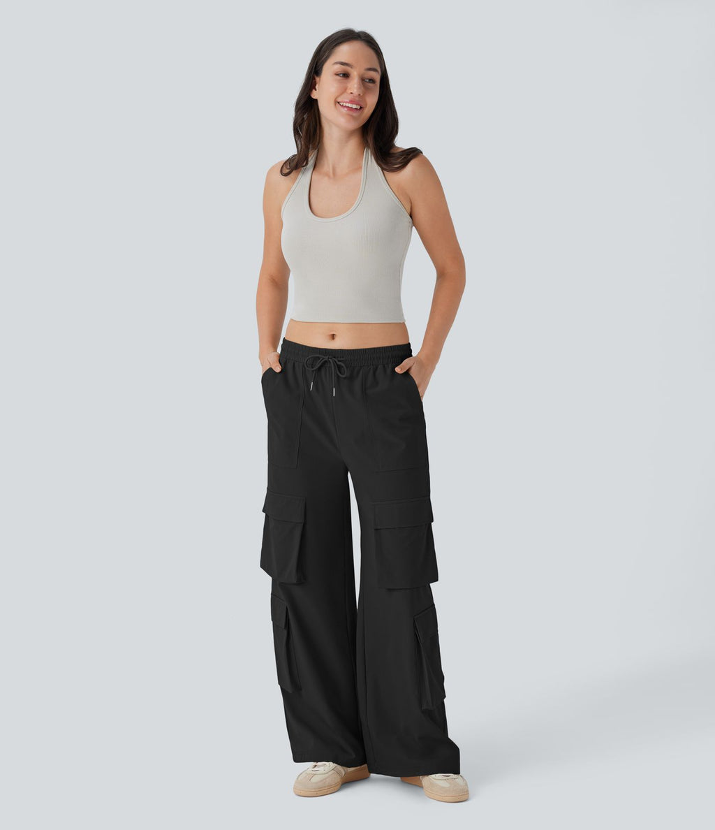 Pantalon cargo décontracté large à cordon, taille mi-haute, avec poches