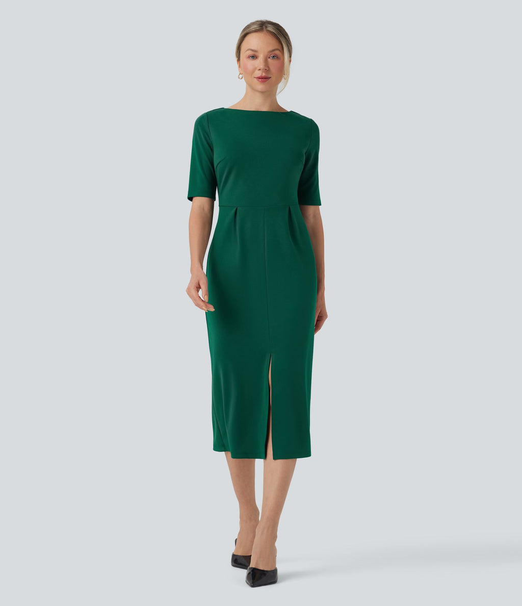 Robe tailleur décolleté arrondi manches courtes avec fente