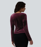 Top velours col drapé manches longues