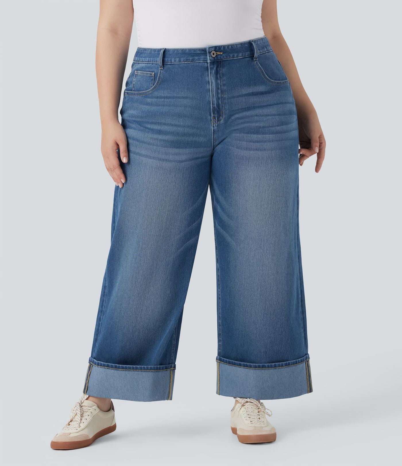 Jean casual grande taille Halara Flex™ tricot extensible délavé taille haute jambe large ourlet roulotté avec poches