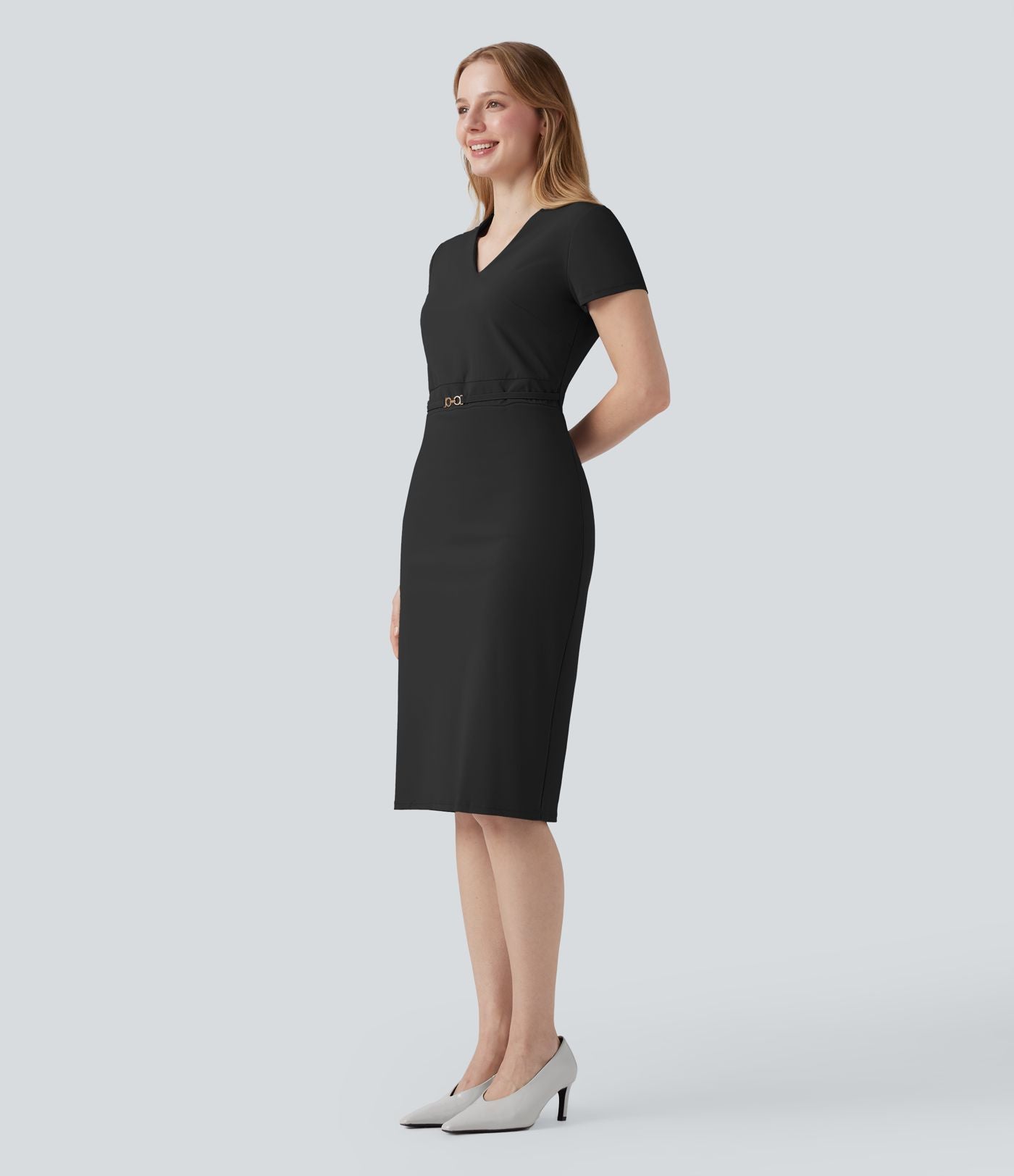 Robe de travail mi-longue anti-froissage à col V et manches courtes