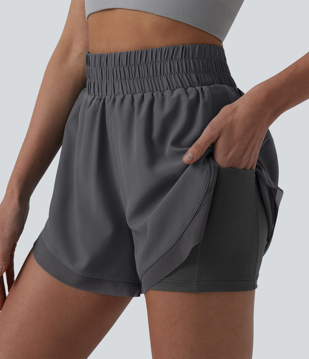 Short de running 2-en-1 taille haute mesh contrasté avec poches