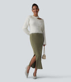 Jupe midi de bureau taille haute en maille côtelée